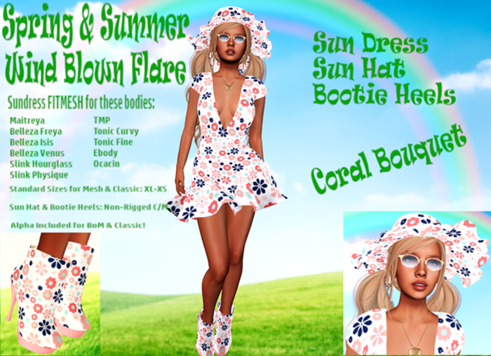 CORAL BOUQUET WIND FLARE PARTY SUN DRESS, HAT, HEELS OUTFIT Maitreya,Belleza&Slink all,TMP,Tonic Fine&Curvy,Ebody,Ocacin