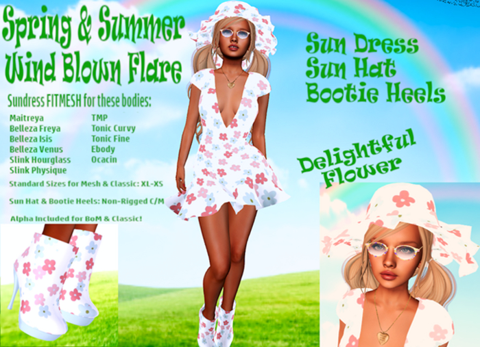 DELIGHTFUL FLOWER WIND FLARE PARTY SUN DRESS HAT HEELS,OUTFIT Maitreya,Belleza&Slink,TMP,Tonic Fine&Curvy,Ebody,Ocacin