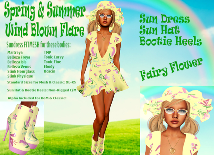 FAIRY FLOWER WIND FLARED PARTY SUN DRESS, HAT, HEELS OUTFIT Maitreya,Belleza&Slink all,TMP,Tonic Fine&Curvy,Ebody,Ocacin