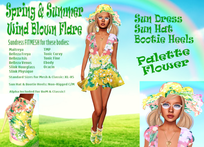 PALETTE FLOWERS WIND FLARED PARTY SUN DRESS, HAT, HEELS OUTFIT Maitreya,Belleza&Slink,TMP,Tonic Fine&Curvy,Ebody,Ocacin