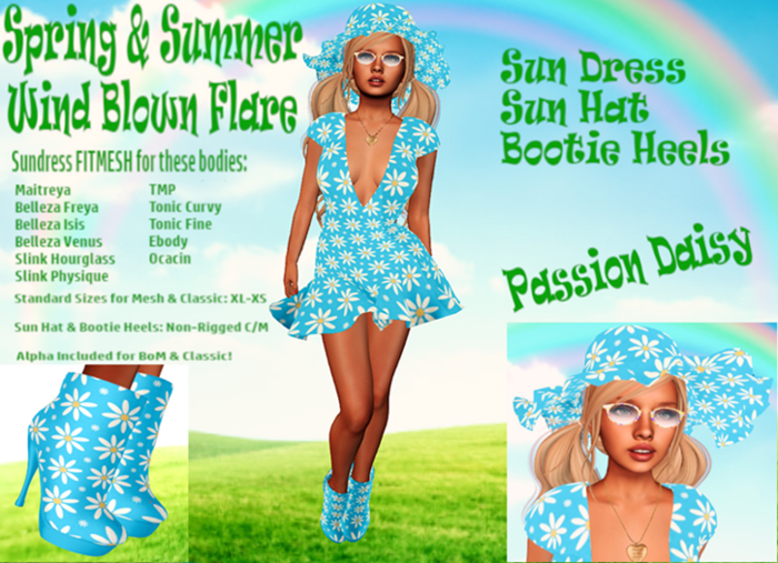 PASSION DAISY WIND FLARED PARTY SUN DRESS, HAT, HEELS OUTFIT Maitreya,Belleza&Slink,TMP,Tonic Fine&Curvy,Ebody,Ocacin
