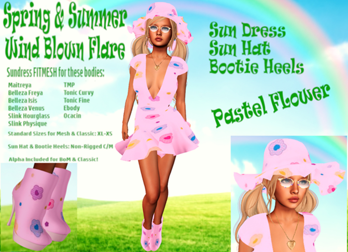 PASTEL FLOWER WIND FLARED PARTY SUN DRESS, HAT, HEELS OUTFIT Maitreya,Belleza&Slink,TMP,Tonic Fine&Curvy,Ebody,Ocacin