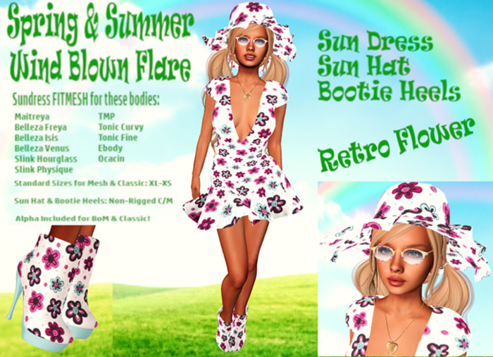 RETRO FLOWER WIND FLARE PARTY SUN DRESS, HAT, HEELS OUTFIT Maitreya,Belleza&Slink all,TMP,Tonic Fine&Curvy,Ebody,Ocacin