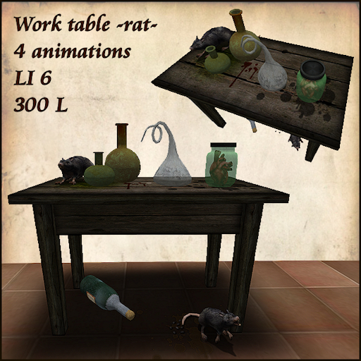 Rustic alchemist work table, with animations and rats
