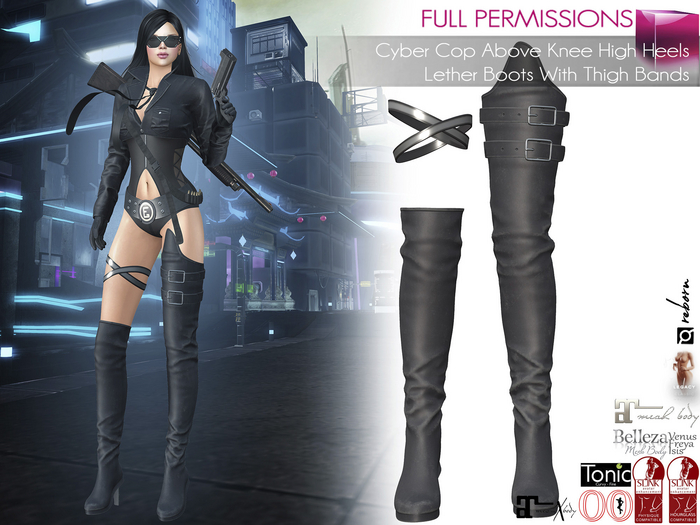 Full Perm Female Black Leather Sci-fi Thigh Boots For Maitreya 5.3 LaraX Ebody Reborn Legacy Belleza Slink Tonic Ocacin