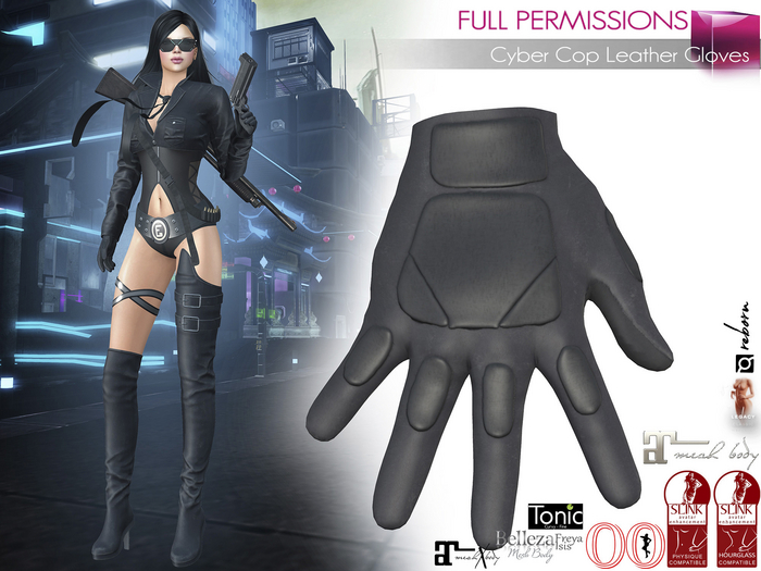 Full Perm Female Black Leather Tactical Combat Gloves For Maitreya 5.3 LaraX Ebody Reborn Legacy Belleza Slink Tonic
