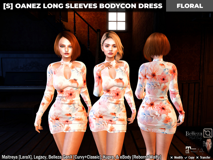 [S] Oanez Long Sleeves Bodycon Dress Floral