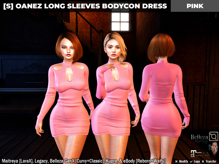 [S] Oanez Long Sleeves Bodycon Dress Pink