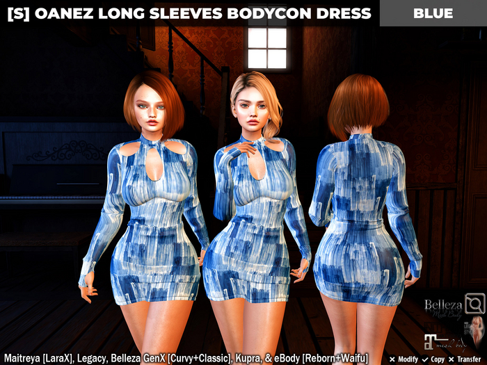 [S] Oanez Long Sleeves Bodycon Dress Blue