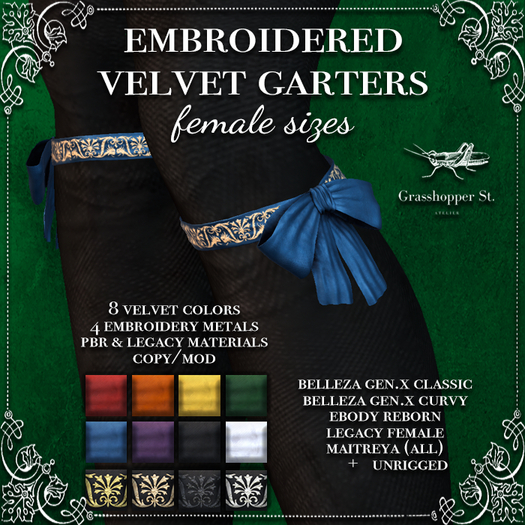Grasshopper St Embroidered Velvet Garters Female