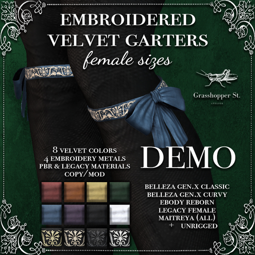 Grasshopper St Embroidered Velvet Garters Female DEMO