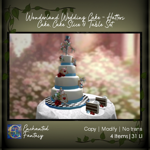 Wonderland Wedding Cake ~ Hatters & Cake Slice Set ~ BONUS Wedding Cake Display Table