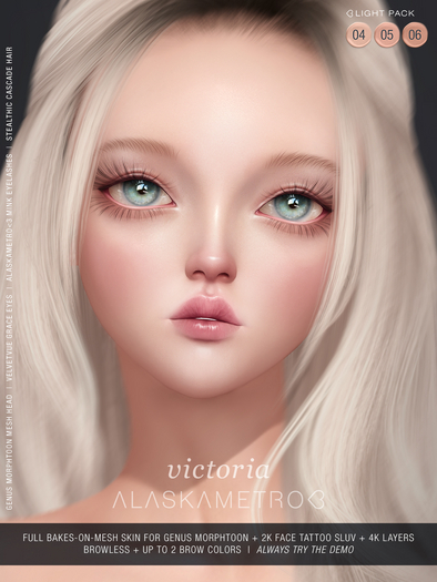 "Victoria" Genus Project MORPHToon 2K SLUV/4K BOM skin - Light pack (3 tones)