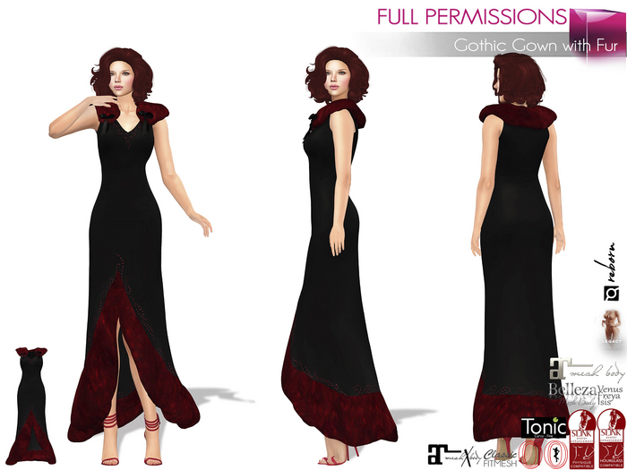 Full Perm Female Gothic Gown With Fur Dress For Legacy Maitreya 5.3 LaraX Belleza Slink Tonic Ocacin Ebody Reborn