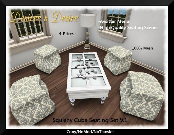 ::::Desiree's Desire:::: Squishy Cube Seating Set v.1, Avsitter Menu, 15 High Quality Seating Scenes (PG) LOW PRIM!