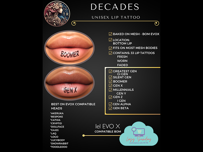 ^^AFTR^^  DEMO Decades BOM EvoX Comp. Unisex Lip Tattoo