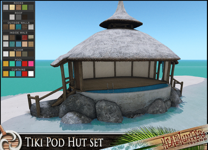 HeadHunter's Island - Tiki Pod Hut set - Waterfront / Cliff deck hut with moon pool - Texture HUD - MESH