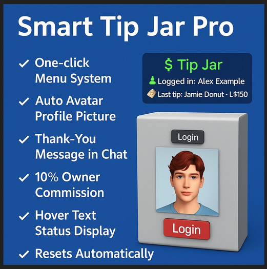 Smart Tip Jar Pro – Avatar Profile Image, Auto 10% owners Commission, Hover Text & Menu Login