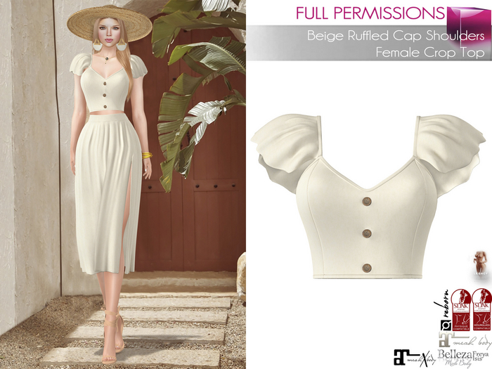 Full Perm Beige Ruffled Cap Shoulders Female Crop Top For Legacy Maitreya 5.3 LaraX Slink Belleza Ebody Reborn