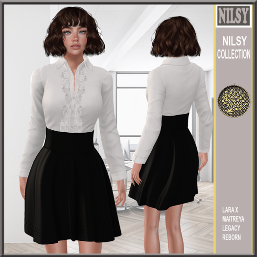 WHITE RUFFLED SHIRT&FLARED SKIRT