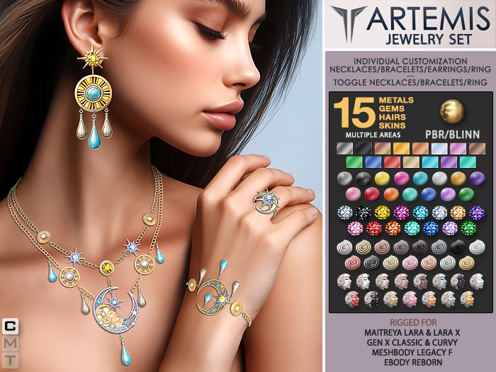 **RE** Artemis Set - Necklace - Earrings - Bracelets - Ring - PBR - Fit Mesh - Maitreya, GenX, Meshbody, eBody