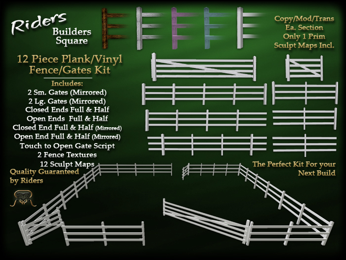 Riders 12 Piece Wood Plank or Vinyl Fence & Gates Builders Kit, Full Permissions, Sculpt Maps Included