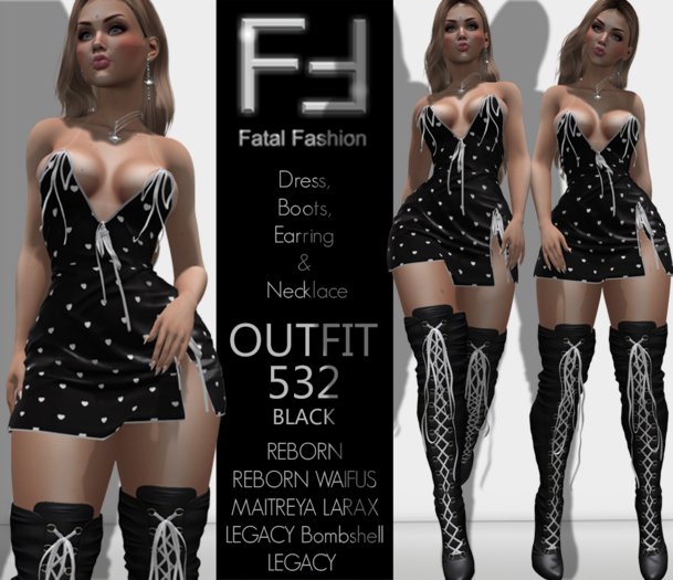 Fatal Fashion - Outfit 532 - BLACK: Dress, Boots, Earring & Necklace