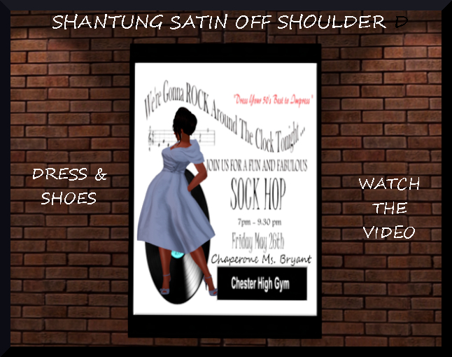 SOCK HOP  BLUE SHANTUNG OFF SHOULDER DRESS & SHOES