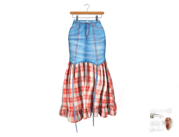 {amiable}Mesh Denim & Check Flared Midi Skirt01