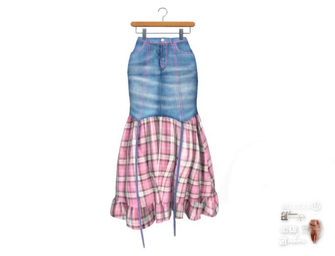 {amiable}Mesh Denim & Check Flared Midi Skirt03