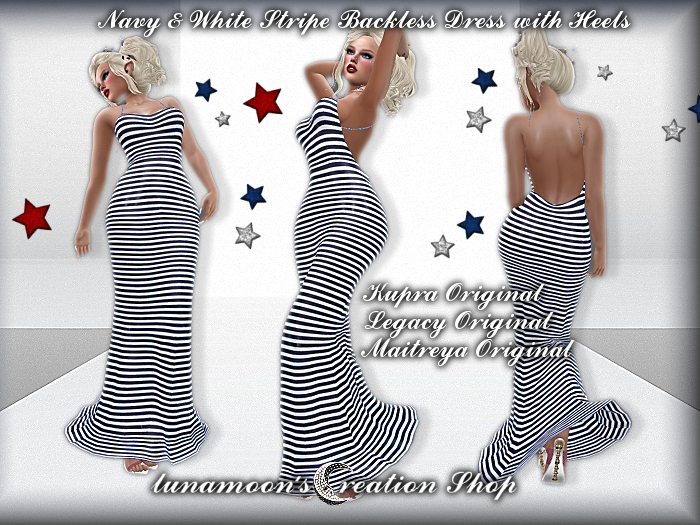 Navy & White Stripe Bare Back Long Dress