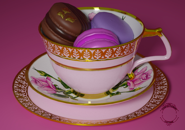 TCC - The Rose Garden Tea Cup/Plate/Saucer TRIO W/ Macarons