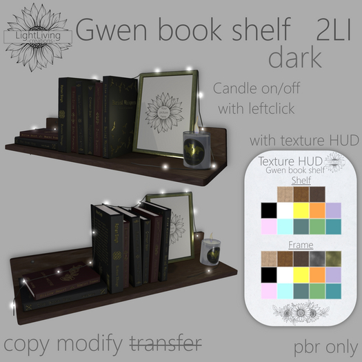 ~LLc~ Gwen book shelf Dark 2LI w. texture HUD