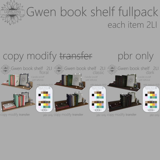 ~LLc~ Gwen book shelf fullpack w. texture HUDs