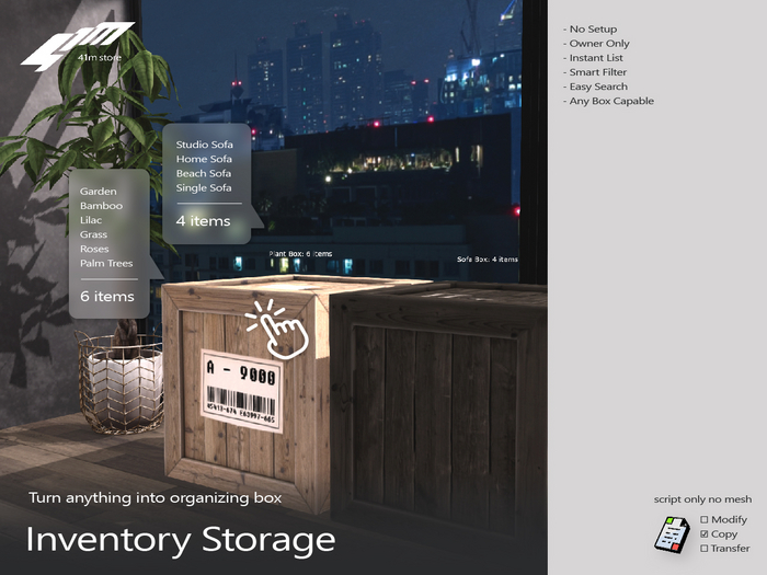 41m / Inventory Storage (easy search, filter, organize)