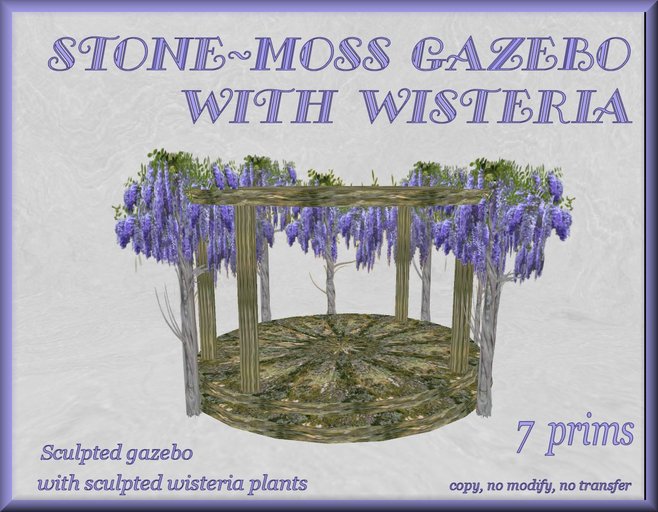STONE MOSS GAZEBO with WISTERIA 7 prims