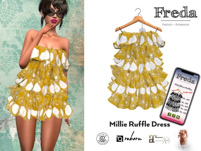 "Freda" Millie Ruffle Dress Wheels Mustard Yellow, Length adjust. by HUD, Belleza, GenX, eBody Reborn, Legacy, Maitreya