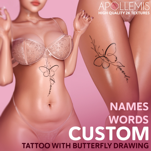 NAME / WORD with Butterfly CUSTOM 2K Tattoo [NOTECARD][APOLLEMIS Store]