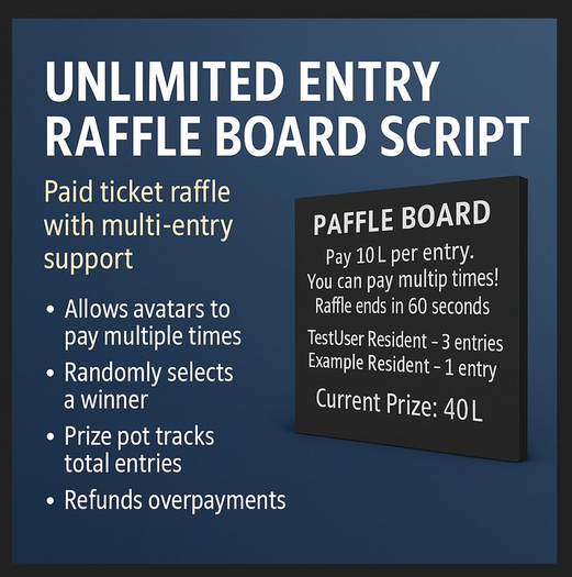 Unlimited Entry Raffle Board Script – Paid Ticket Raffle with Multi-Entry Support (Full-Permission LSL)