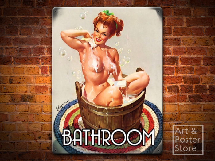 BATHROOM Steamy Pin Up Poster | Rusty Metal Style Wall Sign