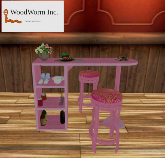  Barra de cocina en color rosa con dos taburetes