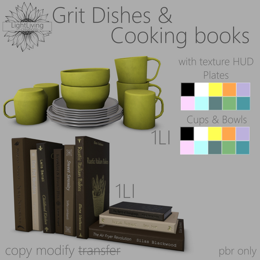 ~LLc~ Grit Cooking books & Dishes 1LI w. texture HUDs