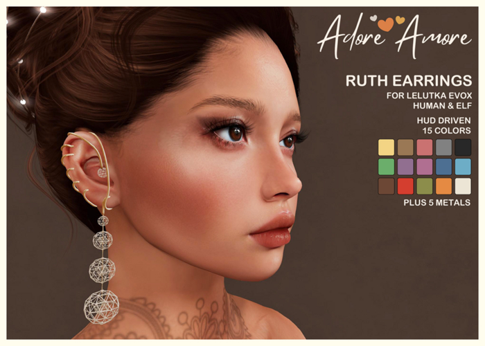 .:Adore:.  Ruth - Earrings (Lelutka Evox Human & Elf)