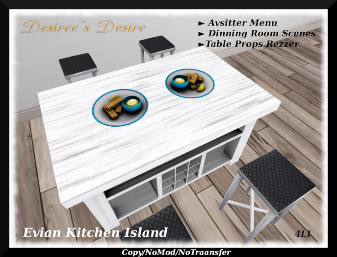 ::::Desiree's Desire:::: Evian Kitchen Island & Bar Stool Set