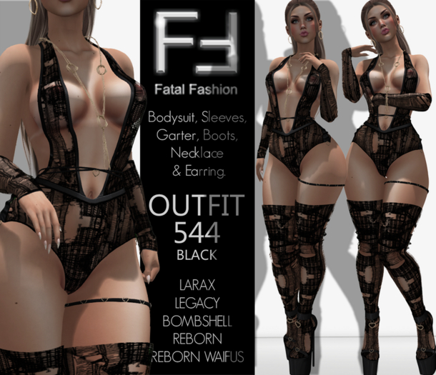 Fatal Fashion - Outfit 544 - BLACK: Bodysuit, Sleeves, Garter, Boots, Necklace & Earring