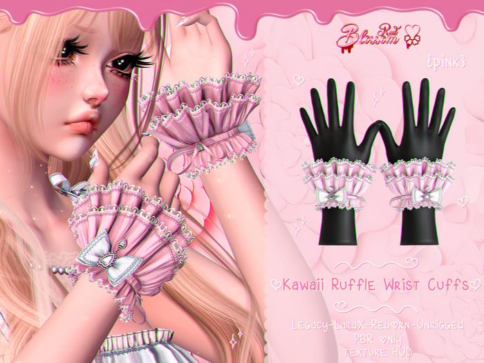 { Red Blossom } Kawaii Ruffle Wrist Cuffs { PINK }