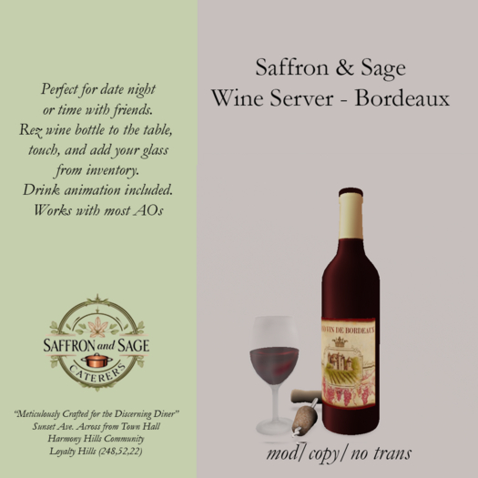 Saffron & Sage Wine Server Bordeaux/mod copy perms/decorative
