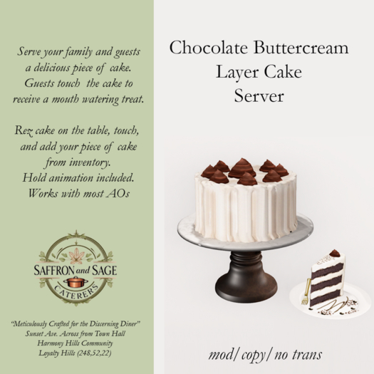 Saffron & Sage Chocolate Buttercream Cake Server/mod copy/decorative