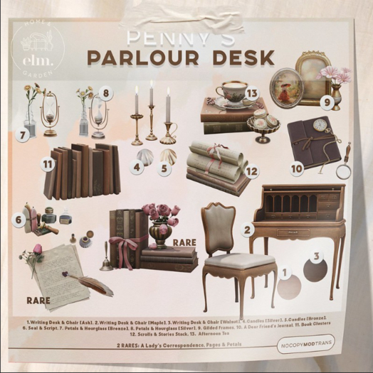 Elm. Penny's Parlour Desk FULL SET with RARES