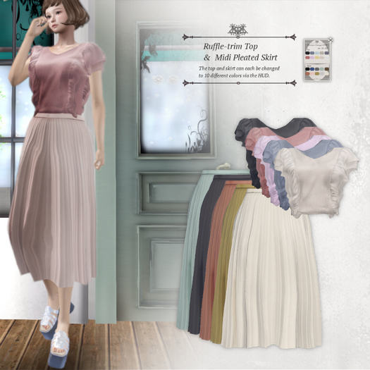 S@BBiA::Ruffle-trim Top &  Midi Pleated Skirt
